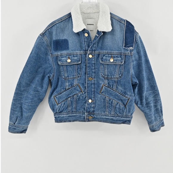 Sandro David Denim Jacket Womens Sz 36 Blue Faux Shearling Trimmed Trucker Jean